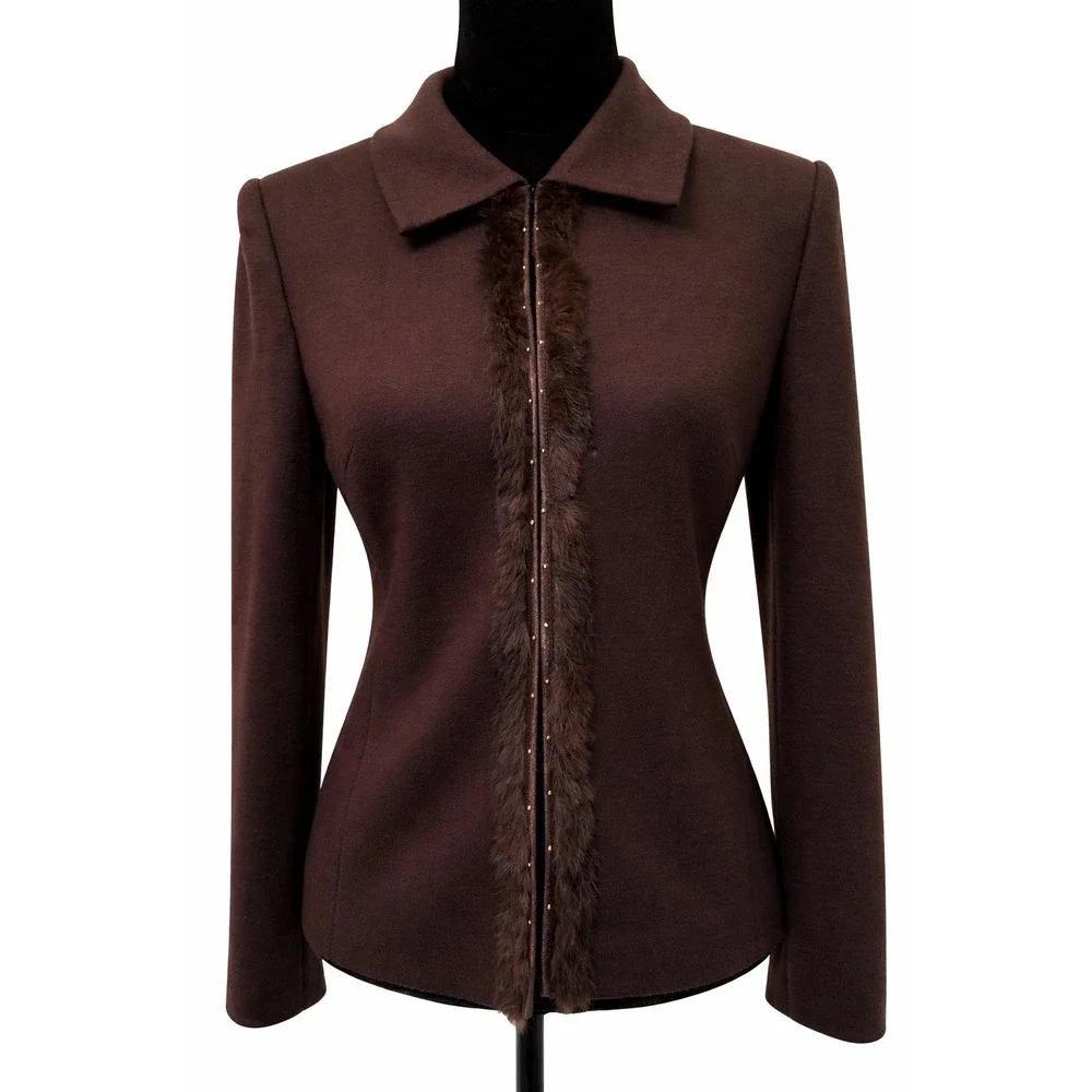 Topami Womens Blazer Jacket Size 40 EU Brown Collared Fur Trimmed Embellished‎
